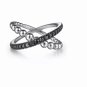 Artistic Emblem Sterling Silver Black Spinel & Bujukan Bead Criss Cross Fashion Ring. Finger Size 6.5
