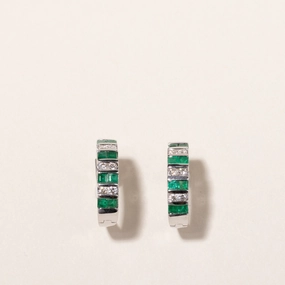 Fresh Feature 14k White Gold Emerald and Diamond Huggie Earrings | 1.07ctw, 0.43ctw | 2x2cm