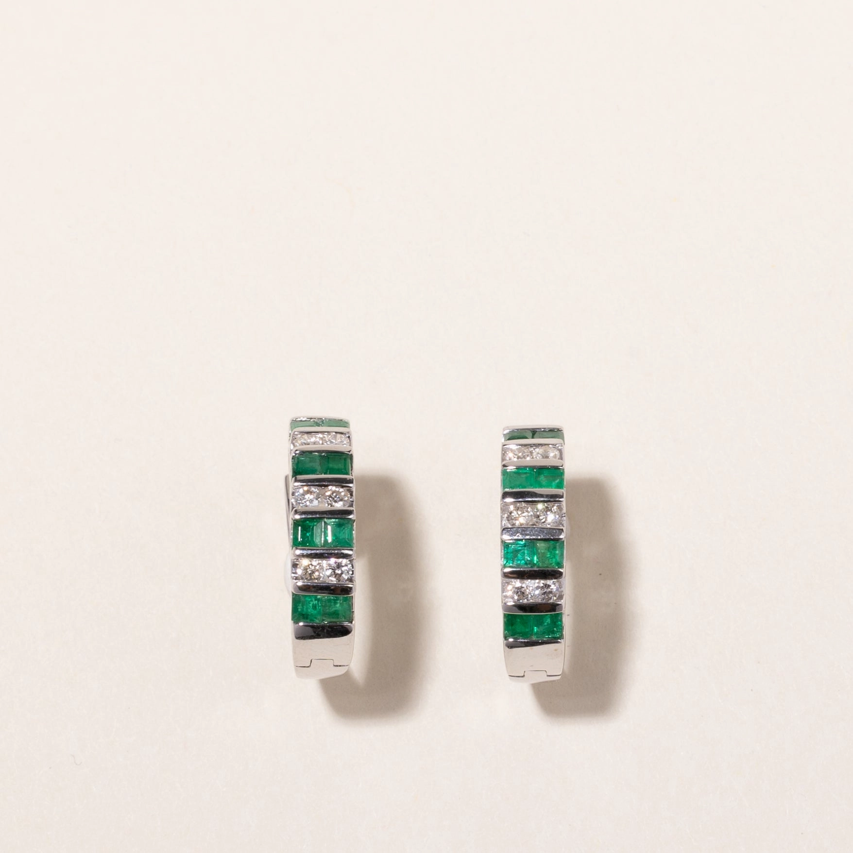 Fresh Feature 14k White Gold Emerald and Diamond Huggie Earrings | 1.07ctw, 0.43ctw | 2x2cm