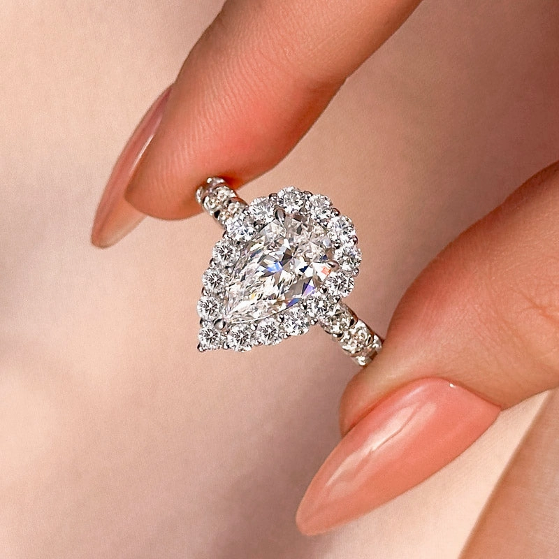 Louily Classic Halo Pear Cut Engagement Ring In Sterling Silver Shine In Light Lustrous Accent