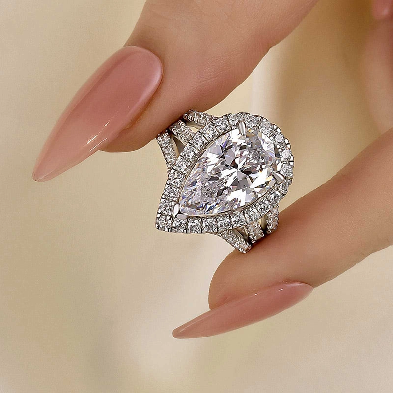 Bright Sparkle Louily Vintage Split Shank Halo Pear Cut Engagement Ring In Sterling Silver