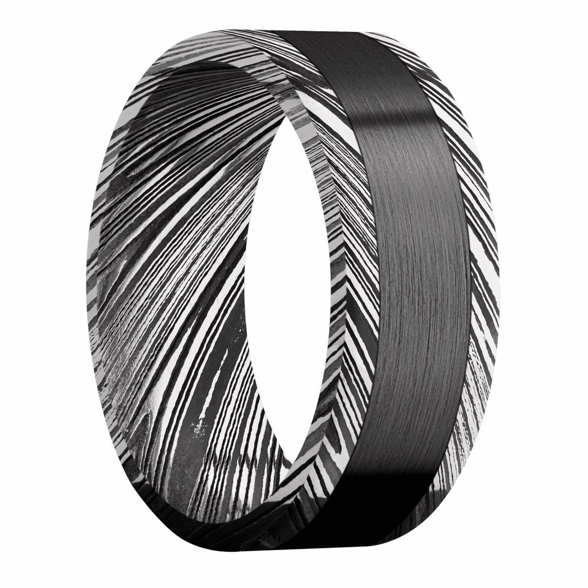 Contemporary Craft Woodgrain Damascus Steel 8mm Wedding Band with Acid Finish and Black Zirconium Inlay
