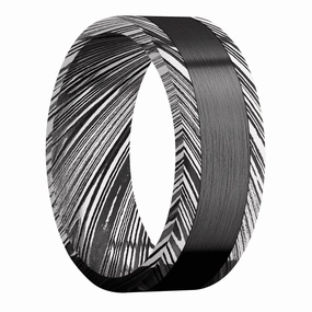 Contemporary Craft Woodgrain Damascus Steel 8mm Wedding Band with Acid Finish and Black Zirconium Inlay