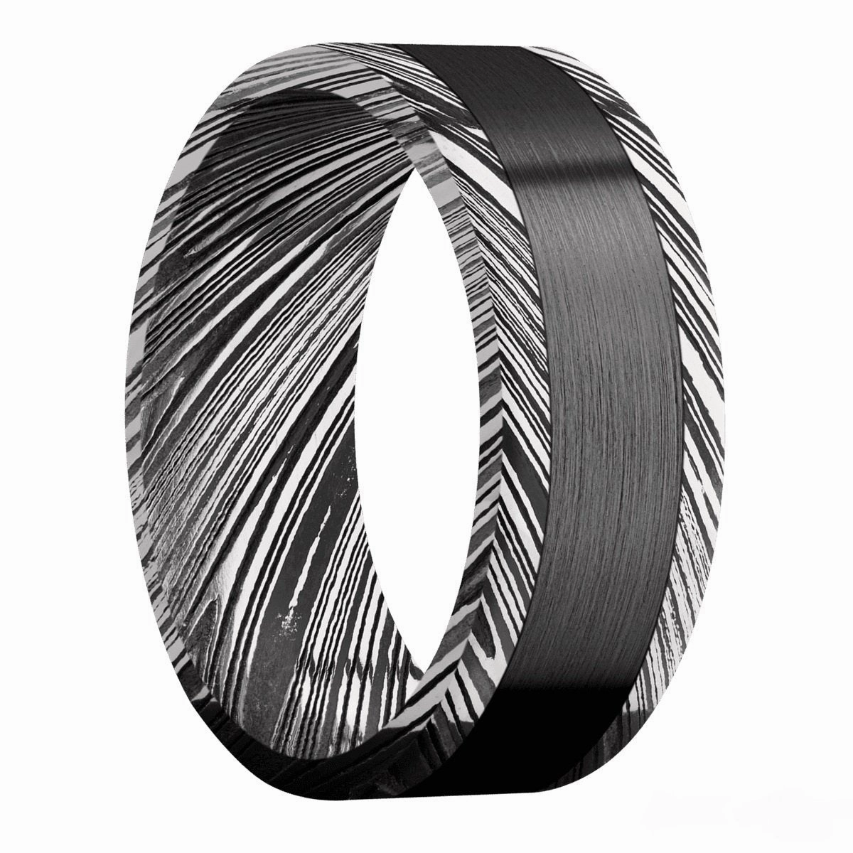 Photo Prop Event Accent Woodgrain Damascus Steel 8mm Wedding Band with Acid Finish and Black Zirconium Inlay