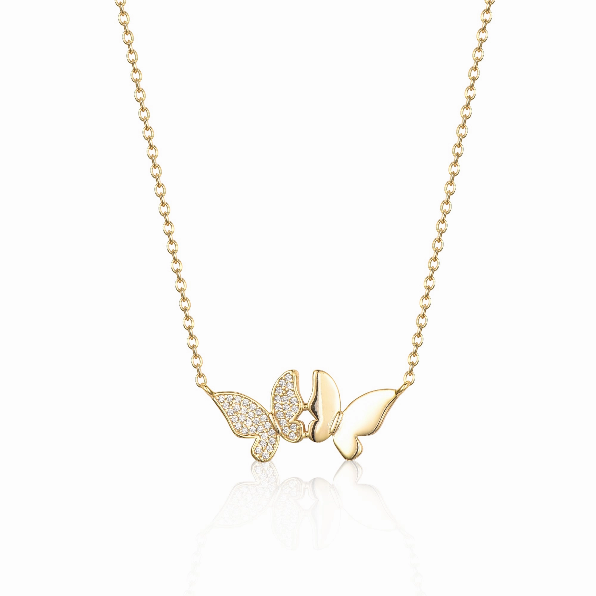 Sterling Silver Gold Plated Double Butterfly With CZ Necklace Bold Moment