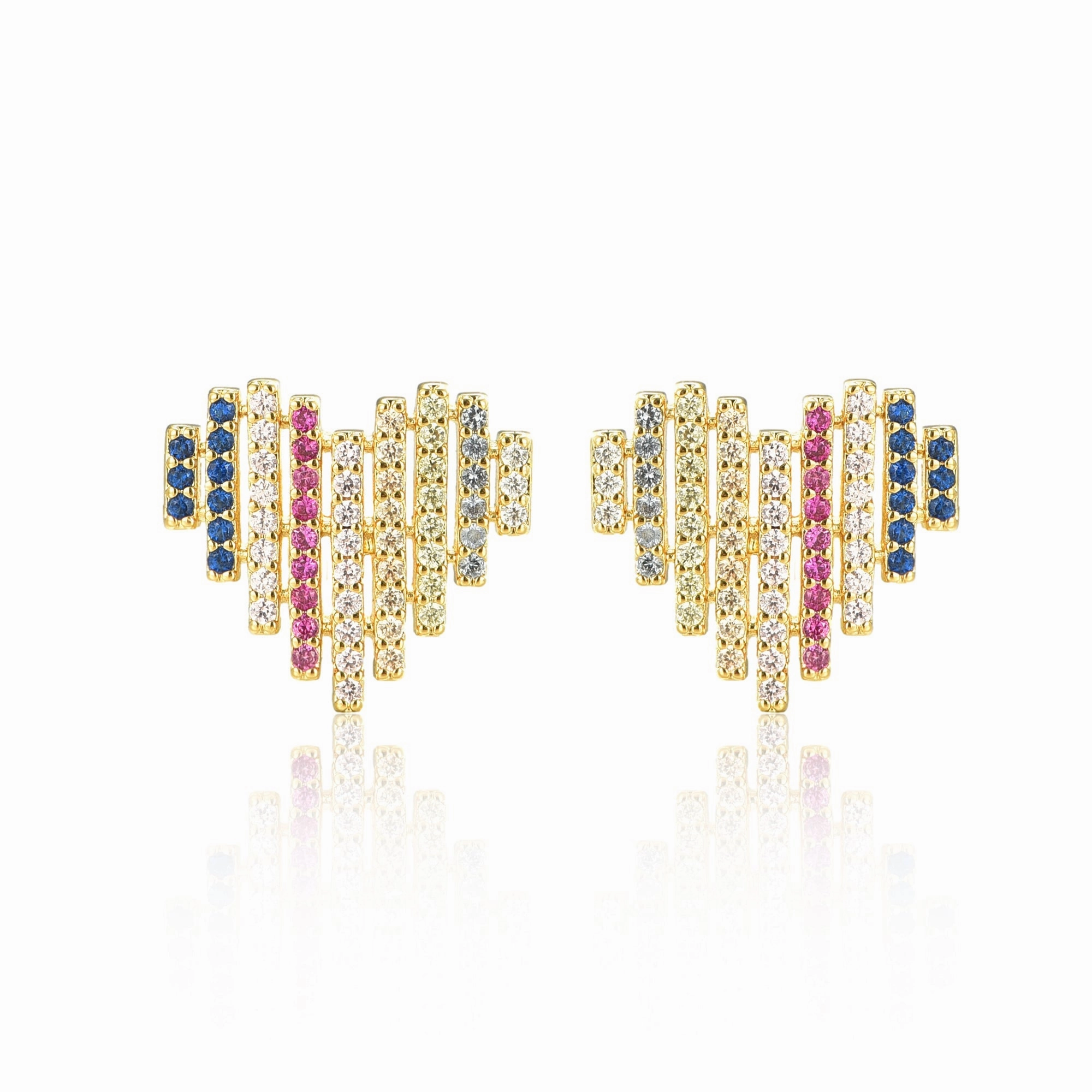 Refined Element Dainty Sparkle Gold-Plated Surgical Steel Multicolor Striped Heart Stud Earrings
