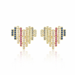 Refined Element Dainty Sparkle Gold-Plated Surgical Steel Multicolor Striped Heart Stud Earrings