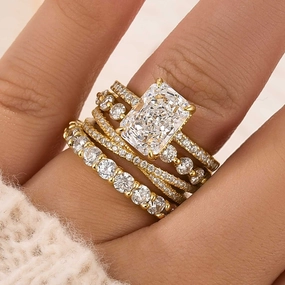 4PC 3.5Ct Radiant Cut Wedding Ring Set With Three Classic Wedding Bands Trendy Layer Finest Accent