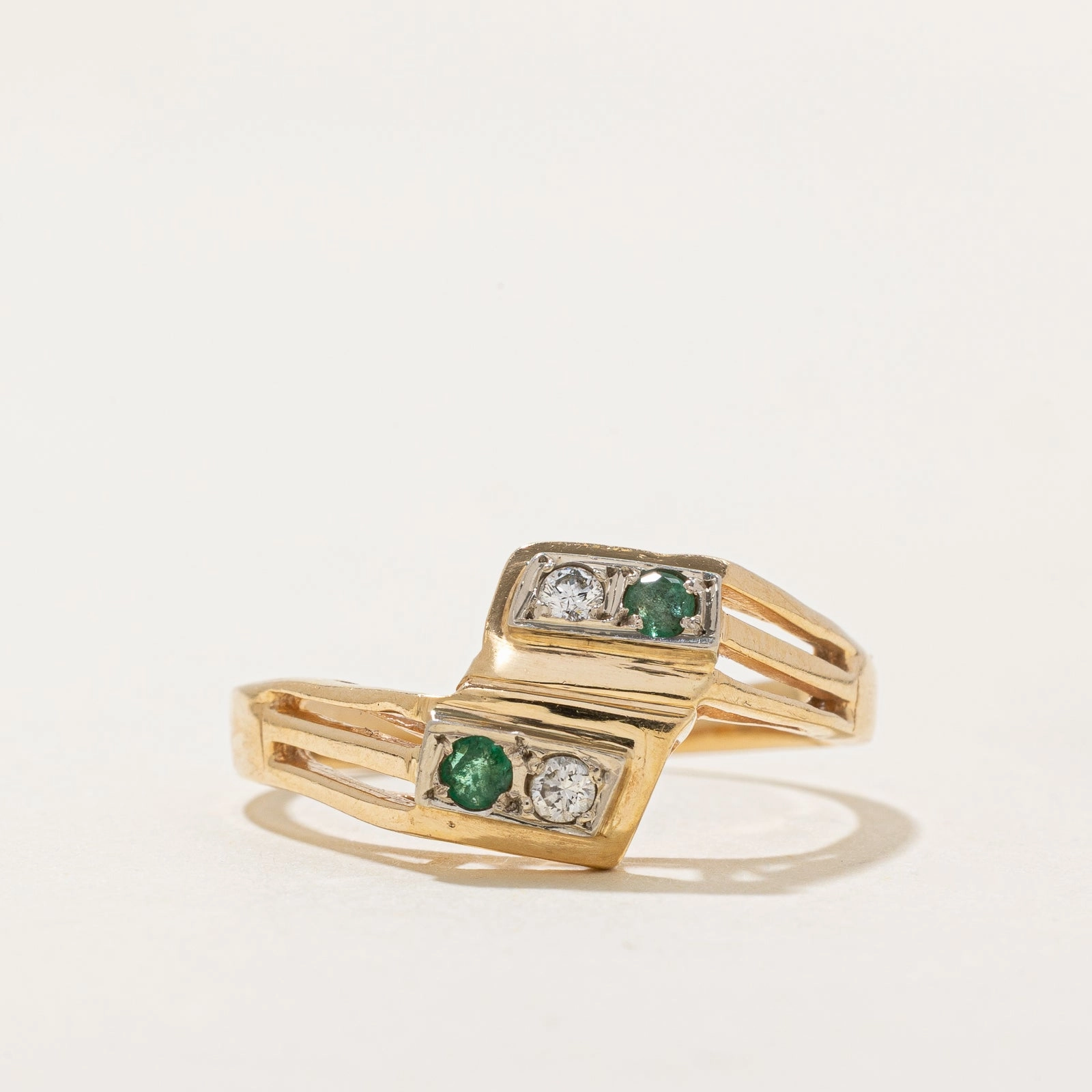 Festive Accent Elegant Gift Diamond & Emerald Bypass Ring | 0.05ctw, 0.05ctw | SZ 7