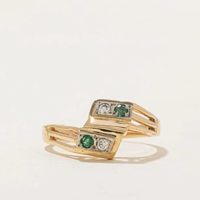 Festive Accent Elegant Gift Diamond & Emerald Bypass Ring | 0.05ctw, 0.05ctw | SZ 7
