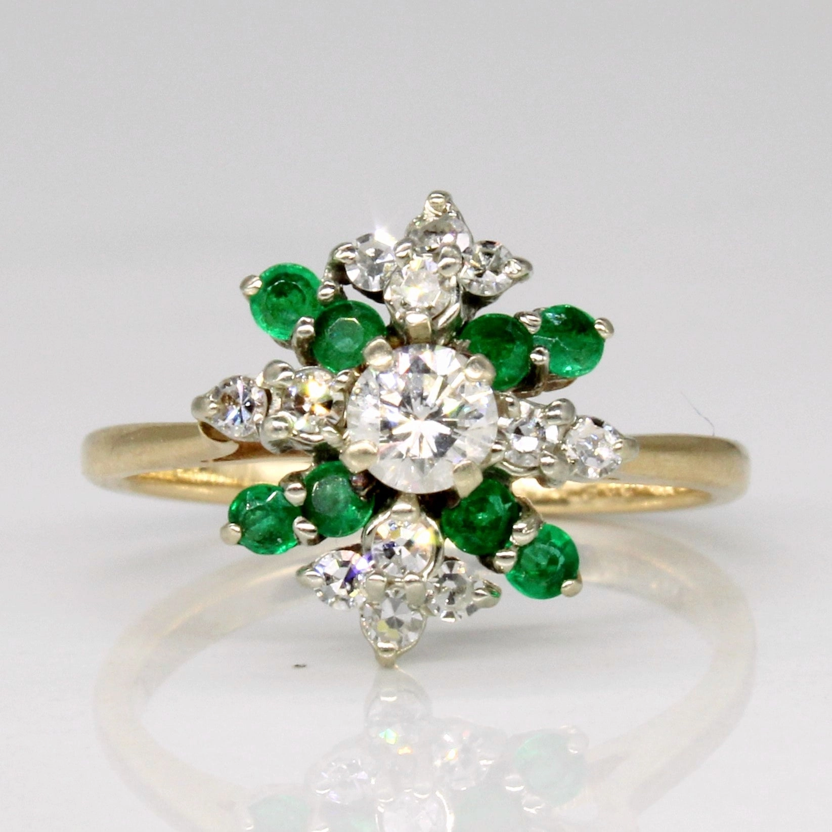 Diamond & Emerald Cluster Ring | 0.29ctw, 0.08ctw | SZ 4 | Radiant Shine Look Soft Finish