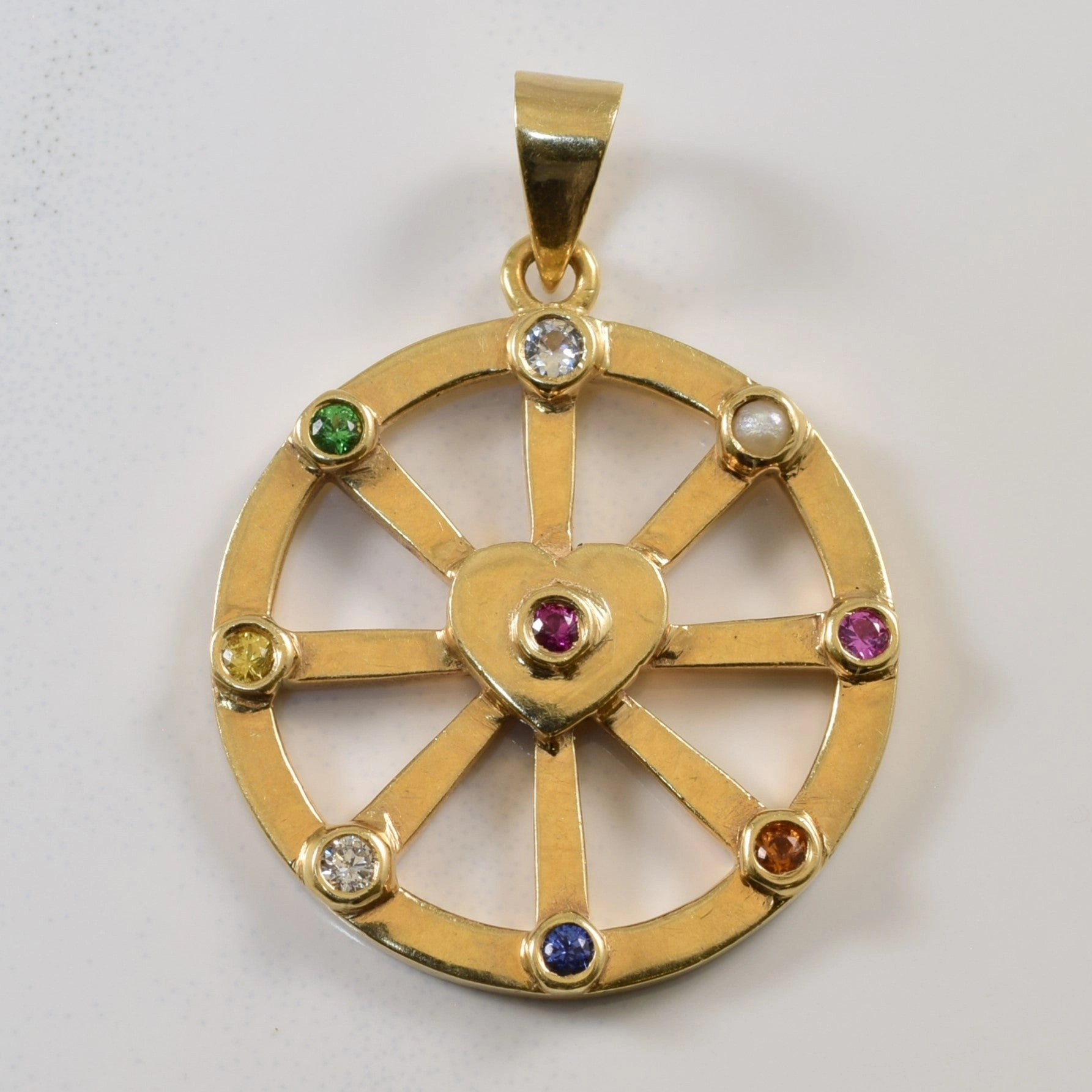 Diamond and Multi Gemstone Wheel with Heart 14k Pendant | 0.1 ctw | Impeccable Finish Timeless Layer