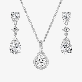 Sharp Silhouette City Stroll Teardrop CZ Necklace and Earrings Bridal Set
