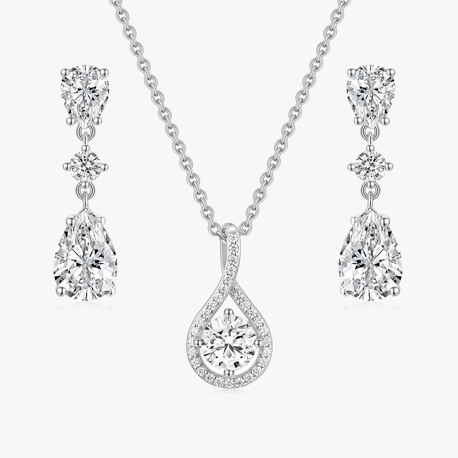 Sharp Silhouette City Stroll Teardrop CZ Necklace and Earrings Bridal Set