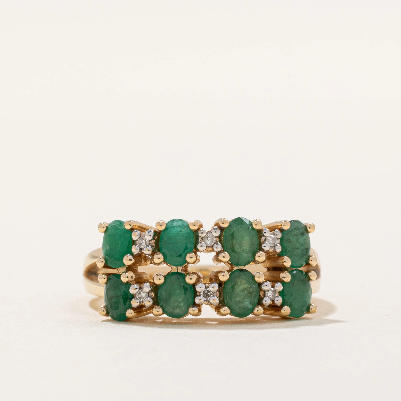 Polished Jewelry Fresh Statement Double Row Emerald & Diamond Ring | 1.20ctw, 0.03ctw | SZ 7 |