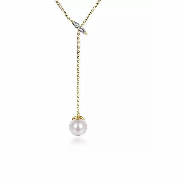 14K Yellow Gold .04 Diamond & Cultured Pearl Y Knot 17.5" Necklace Minimalist Adornment
