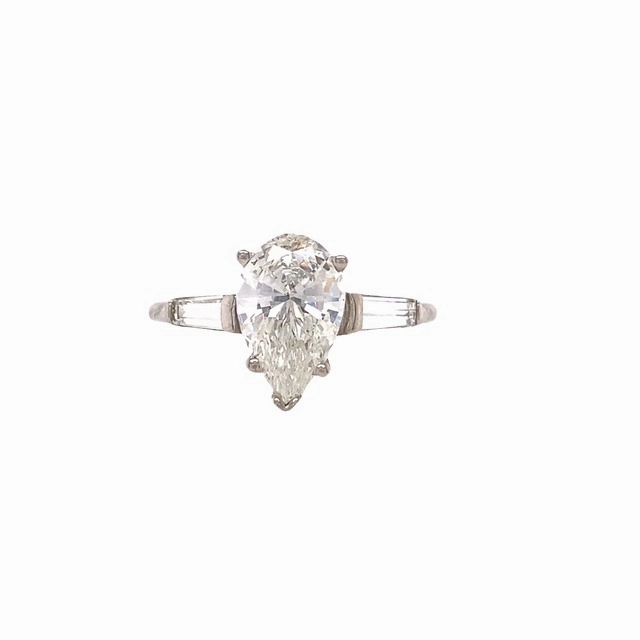 14K White Gold Semi-mount for Pear Shape Center with 2 Baguette Diamonds Luxury Style