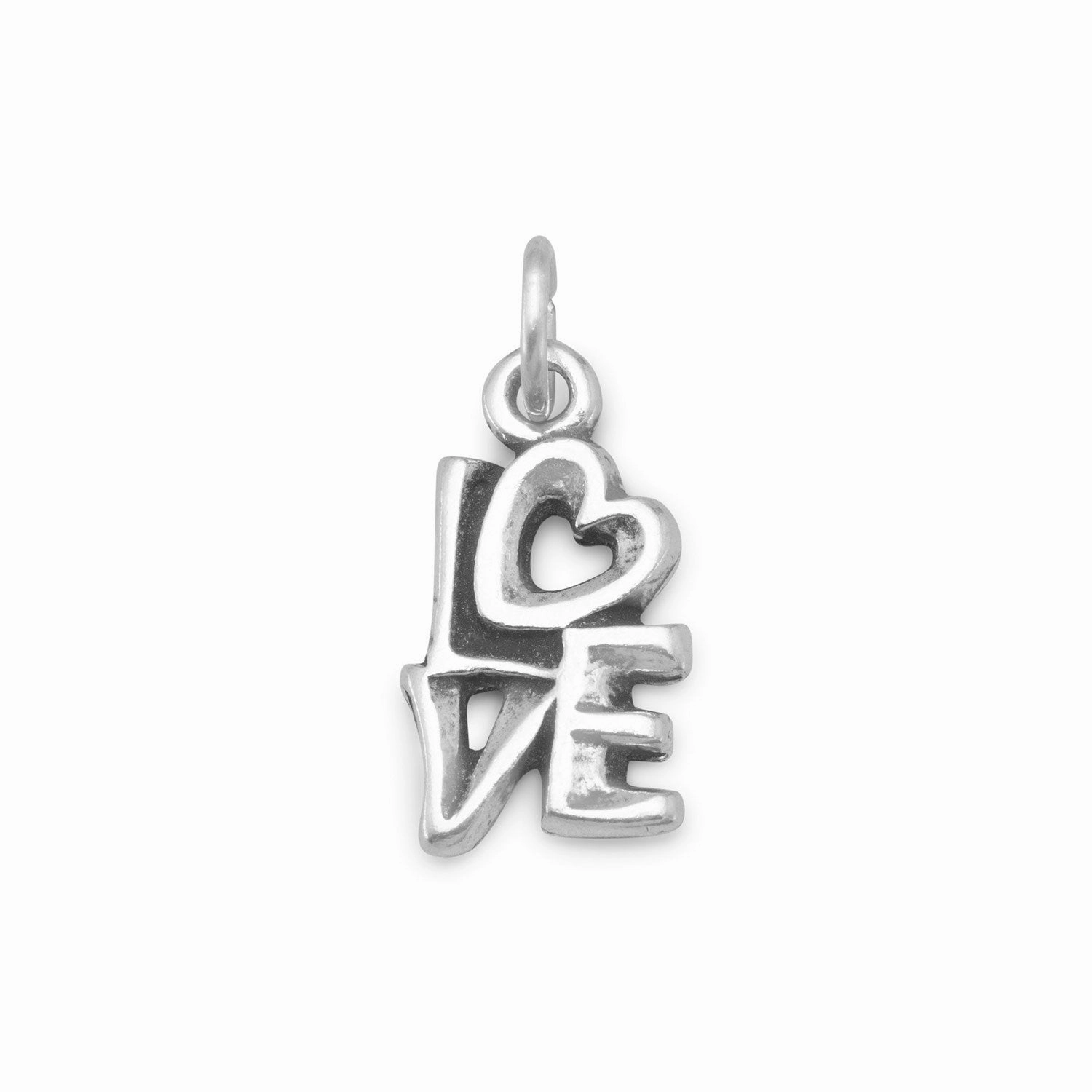 Love Charm with Heart Antiqued Finish Sterling Silver Gloss Shine Evergreen style