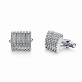 Rhodium Plated Sterling Silver Micropave Striped CZ Cufflinks Glitter Detail