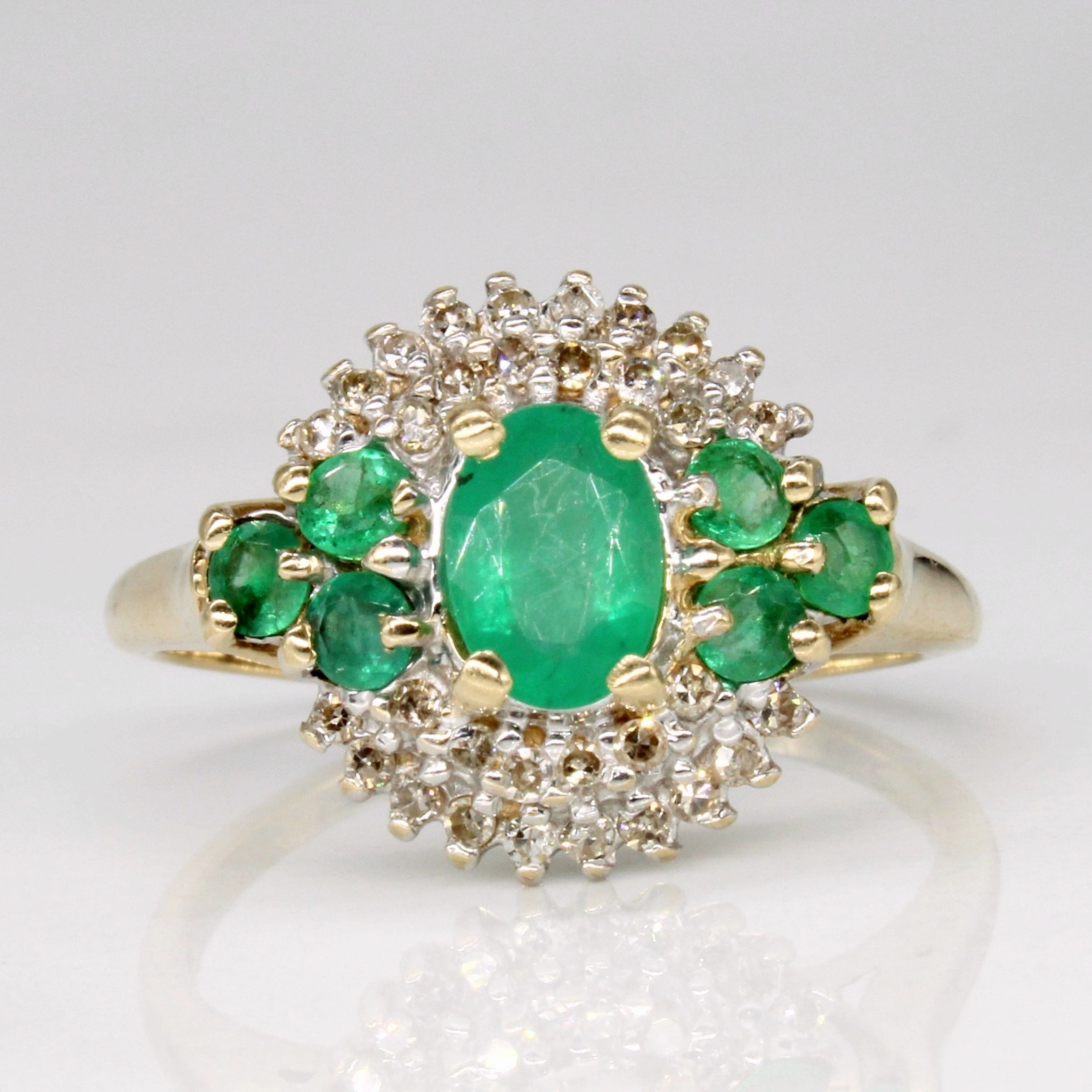 Emerald & Diamond Cluster Ring | 1.00ctw, 0.16ctw | SZ 8.75 | Date Look Cozy Mood