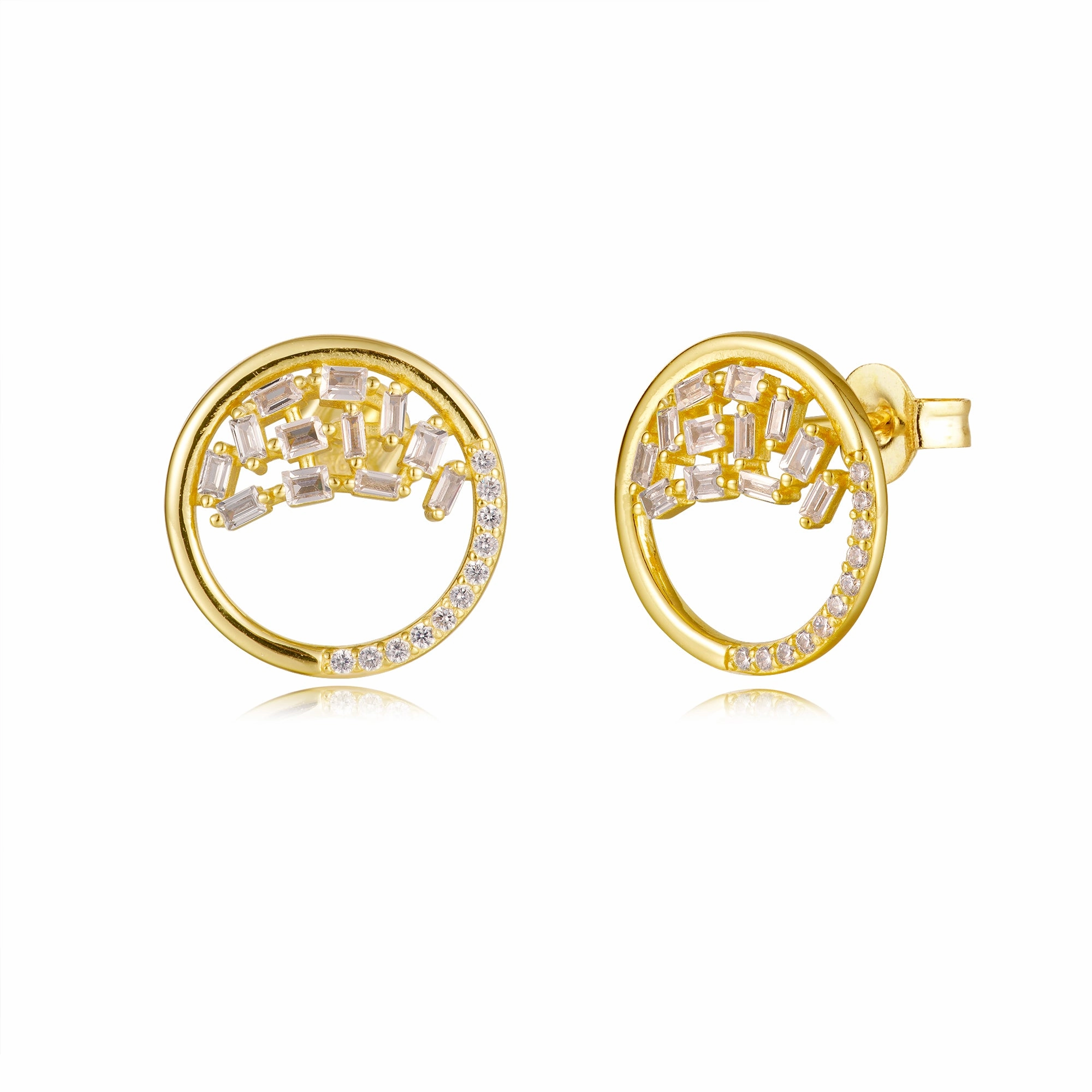 Sterling Silver Gold Plated Open Circle Sprinkled CZ Stud Earrings Stylish Shape Cool Chic