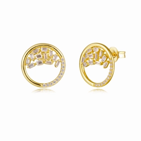 Sterling Silver Gold Plated Open Circle Sprinkled CZ Stud Earrings Stylish Shape Cool Chic