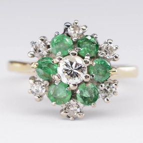 High impact Diamond and Emerald Flower Ring |  0.20ct | SZ 5.25 |