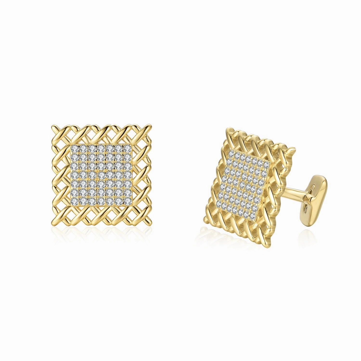 Shine Effect Luminous Highlight Gold Plated Sterling Silver Weave Design with Clear Micropave CZ Cufflinks