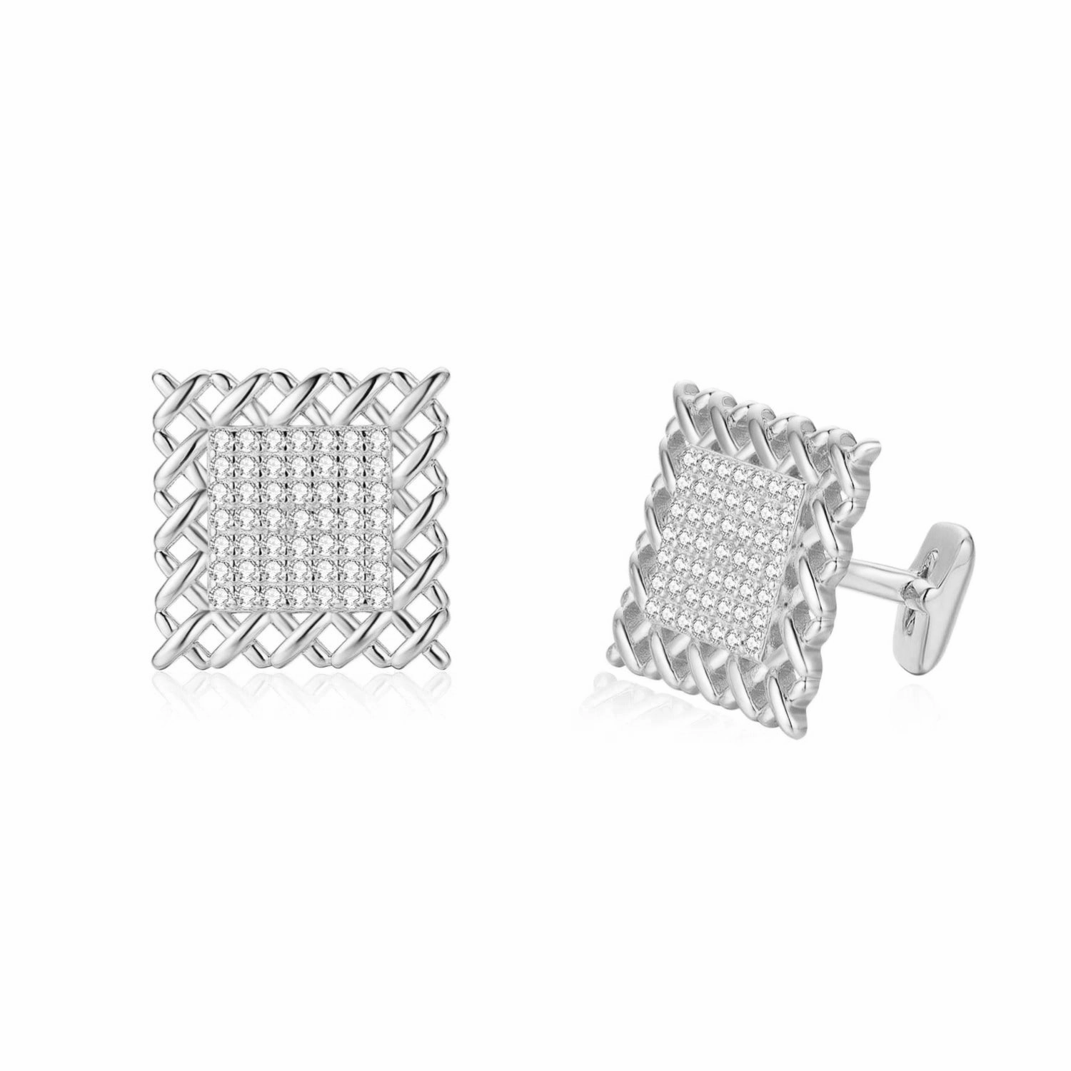 Gold Plated Sterling Silver Weave Design with Clear Micropave CZ Cufflinks Fashionable Shine Finish