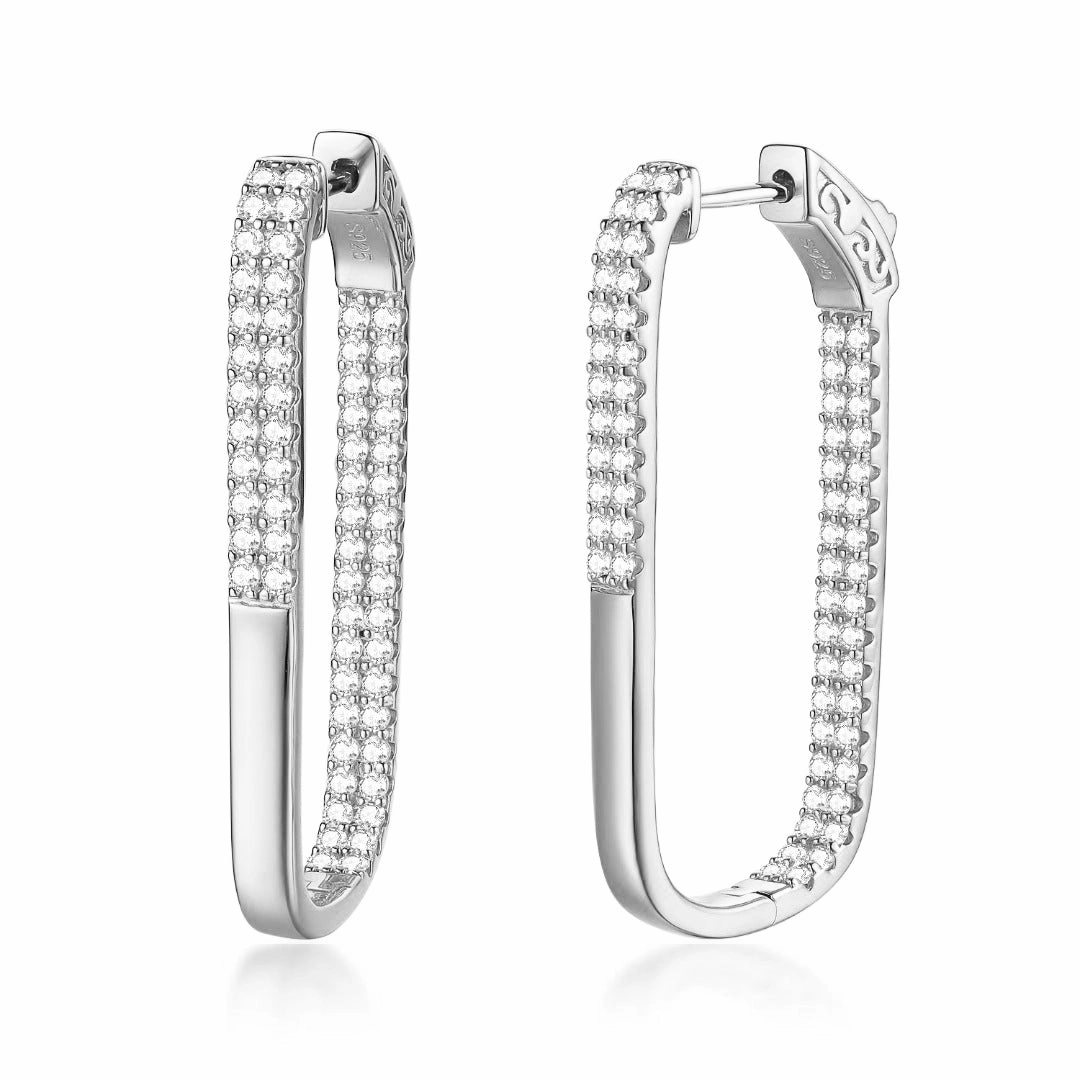 Elegant Pieces Sterling Silver Double Row CZ Rectangular Hoop Earrings