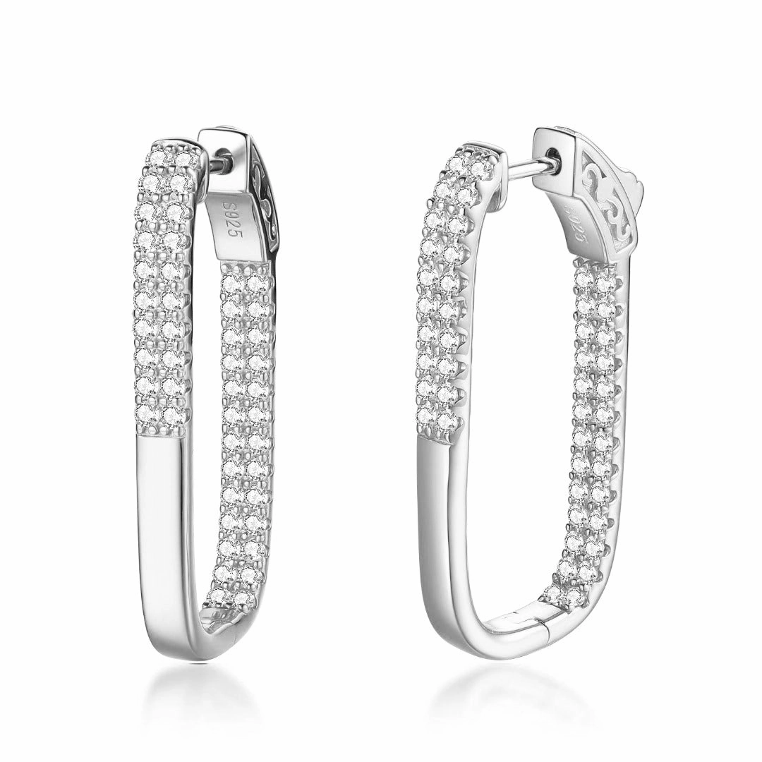 High Fashion Sterling Silver Double Row CZ Rectangular Hoop Earrings