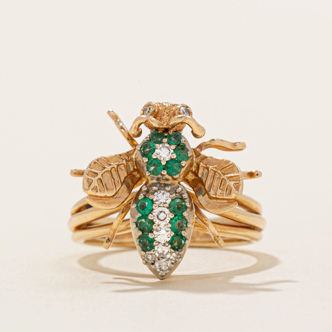 Emerald & Diamond Bumble Bee Ring | 0.17ctw, 0.14ctw | SZ 5.5 | Subtle Fit