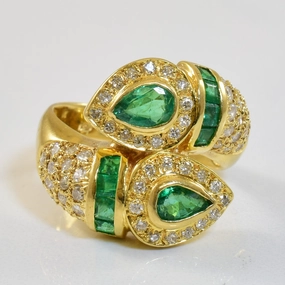 Emerald & Diamond Bypass Ring | 1.07ctw, 0.55ctw | SZ 6.5 | Handmade Elegance Classic Look
