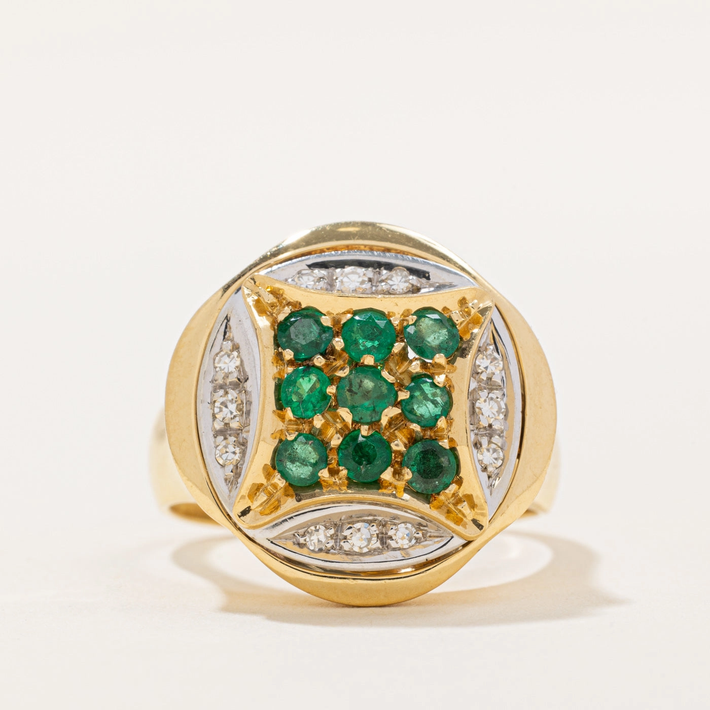 Elegant Pop Fashionable Jewelry Emerald & Diamond Cocktail Ring | 0.63ctw, 0.12ctw | SZ 8.75 |