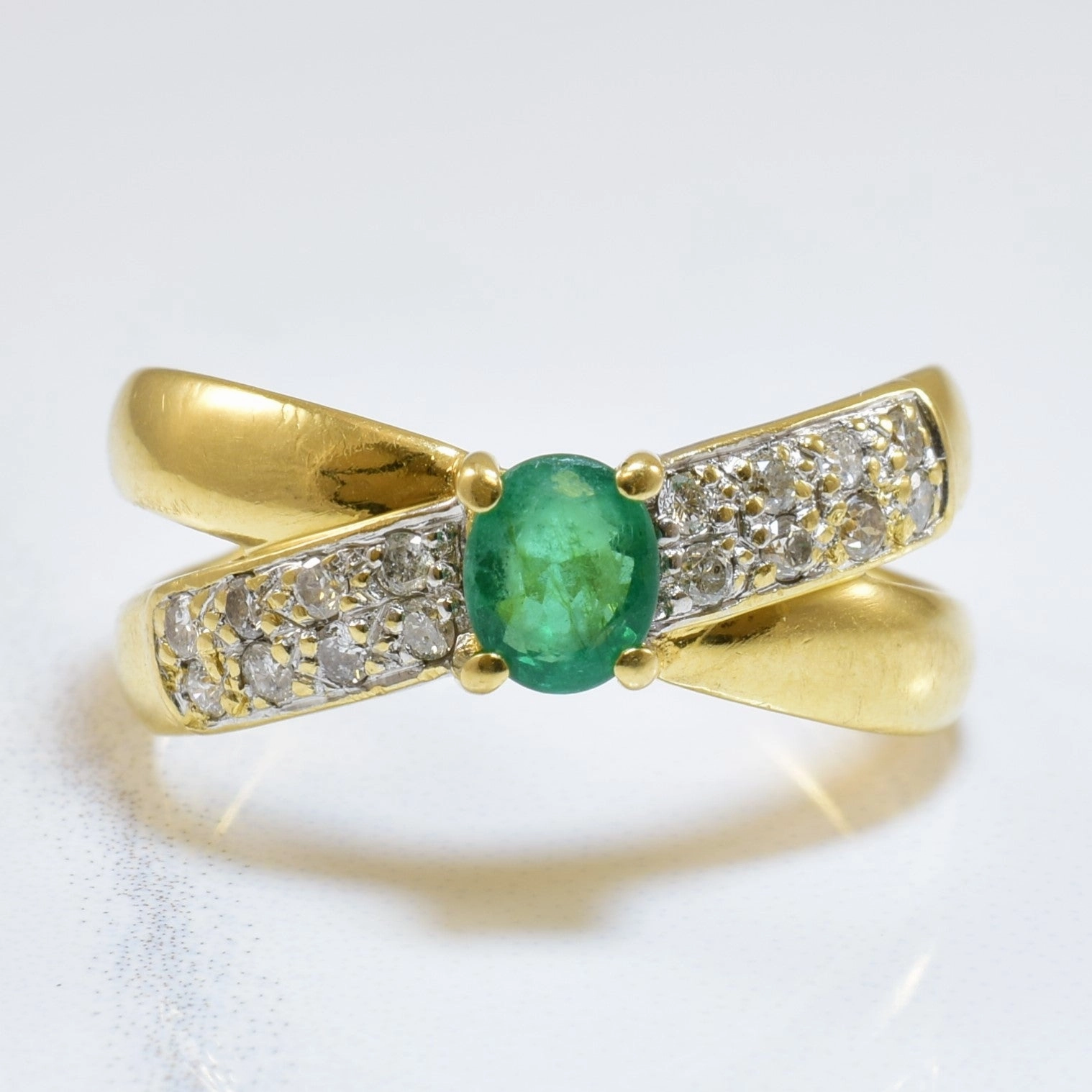 Emerald & Diamond Criss Cross Ring | 0.30ct, 0.16ctw | SZ 6.5 | Cool Finish