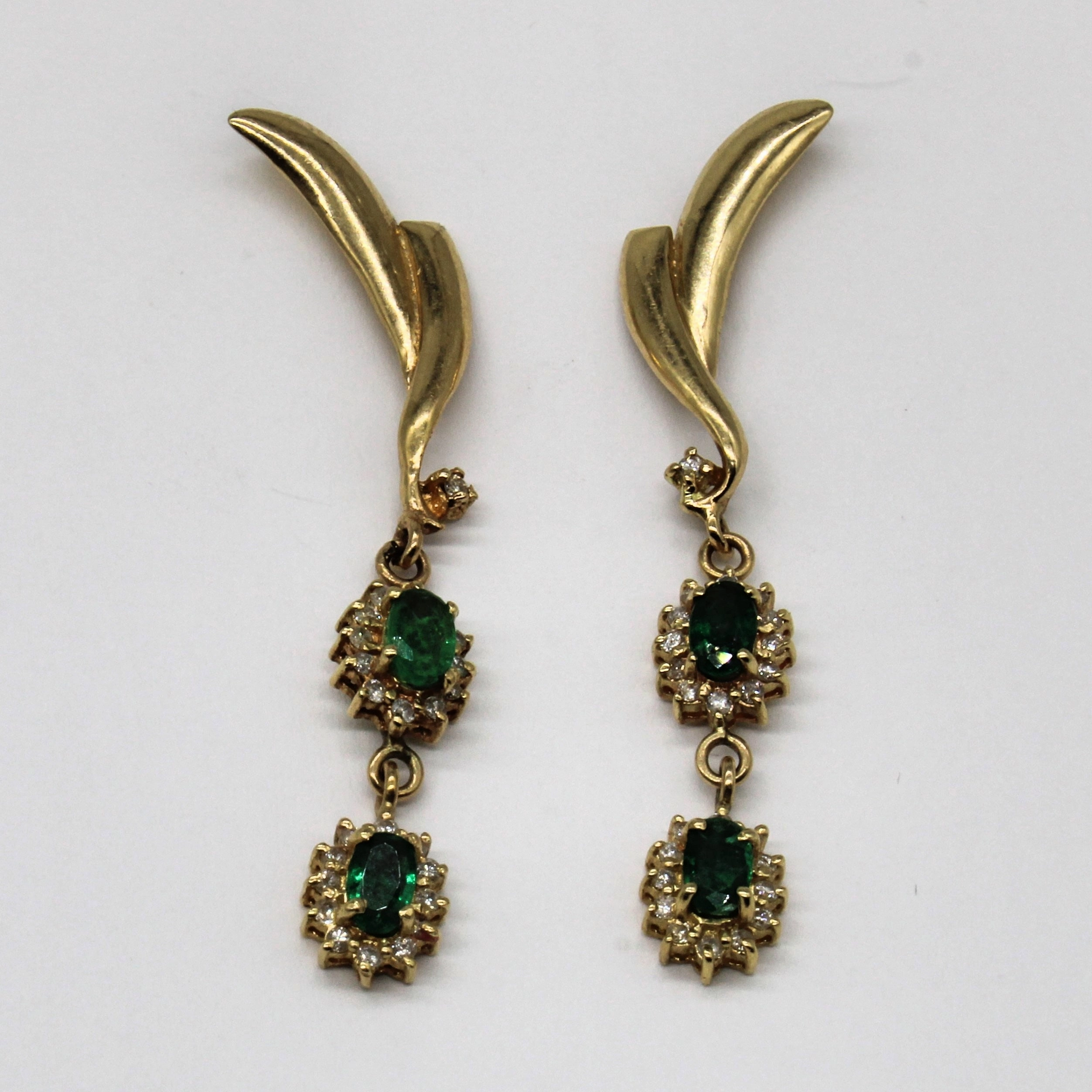 Emerald & Diamond Drop Earrings | 0.68ctw, 0.24ctw | Radiant Detail