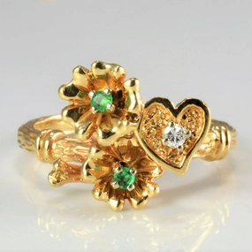 Emerald & Diamond Floral & Heart Textured Ring | 0.02ctw, 0.02ct | SZ 6 Premium Sparkle