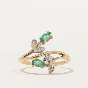 Gloss Finish Work Day Style Emerald & Diamond Floral Bypass Ring | 0.16ctw, 0.04ctw | SZ 6 |