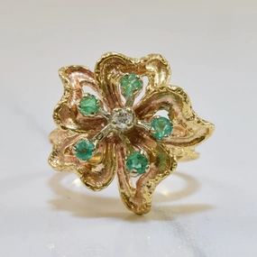 Layered Look Trendy Fit Emerald & Diamond Floral Ring | 0.20ctw, 0.03ct | SZ 5.25 |
