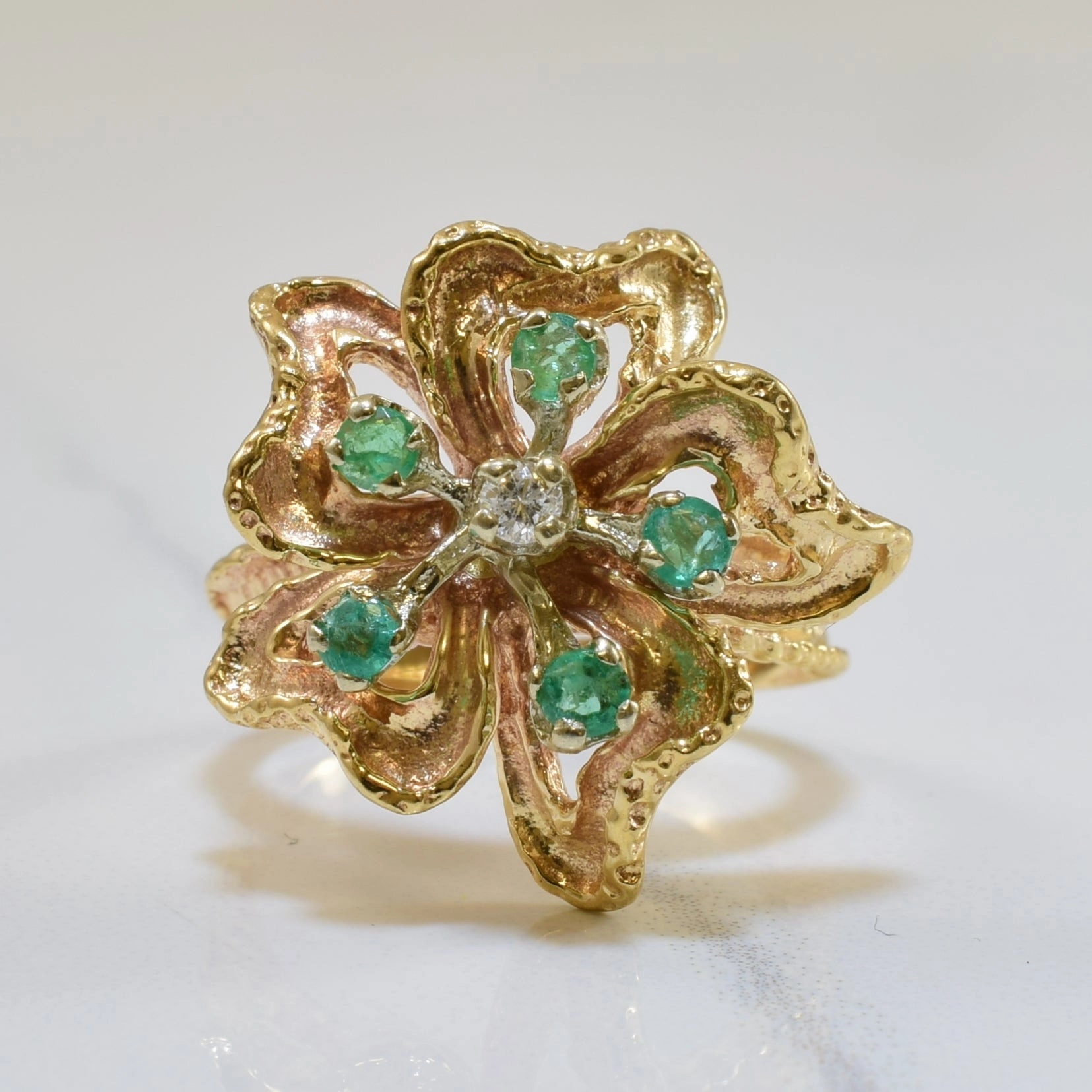 Layered Look Trendy Fit Emerald & Diamond Floral Ring | 0.20ctw, 0.03ct | SZ 5.25 |