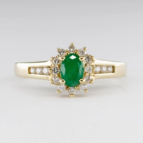 Emerald & Diamond Halo 10k Ring | 0.35ctw, 0.25ct | SZ 7.5 | Party Outfit