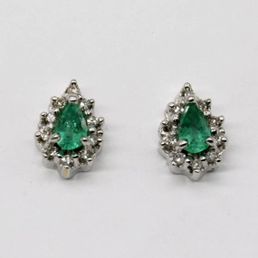 Unique Shape Glistening Detail Emerald & Diamond Halo Earrings | 0.30ctw, 0.20ctw |