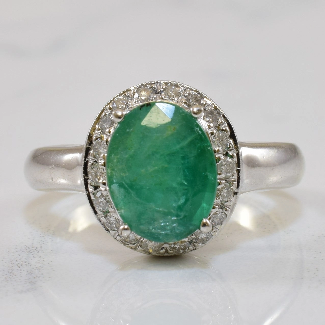 Statement Style Airy Light Emerald & Diamond Halo Engagement Ring | 1.60ct, 0.18ctw | SZ 5.5 |