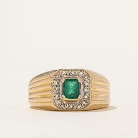 Emerald & Diamond Halo Grooved Ring | 0.52ct, 0.16ctw | SZ 10.5 Romantic Fashion