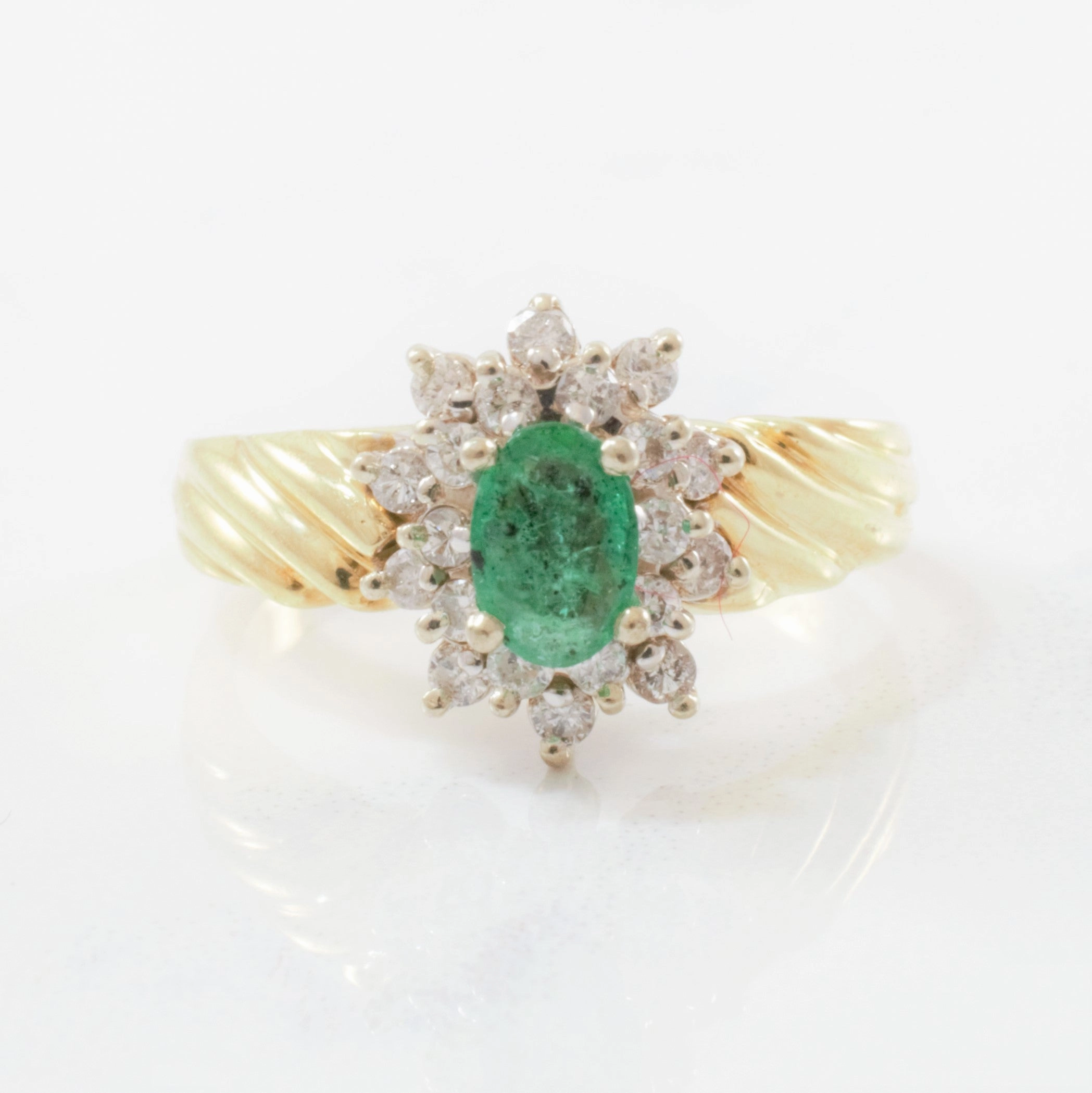 Clean Aesthetic Sleek Detail Emerald & Diamond Halo Ring | 0.30ctw, 0.38ct | SZ 5.75 |