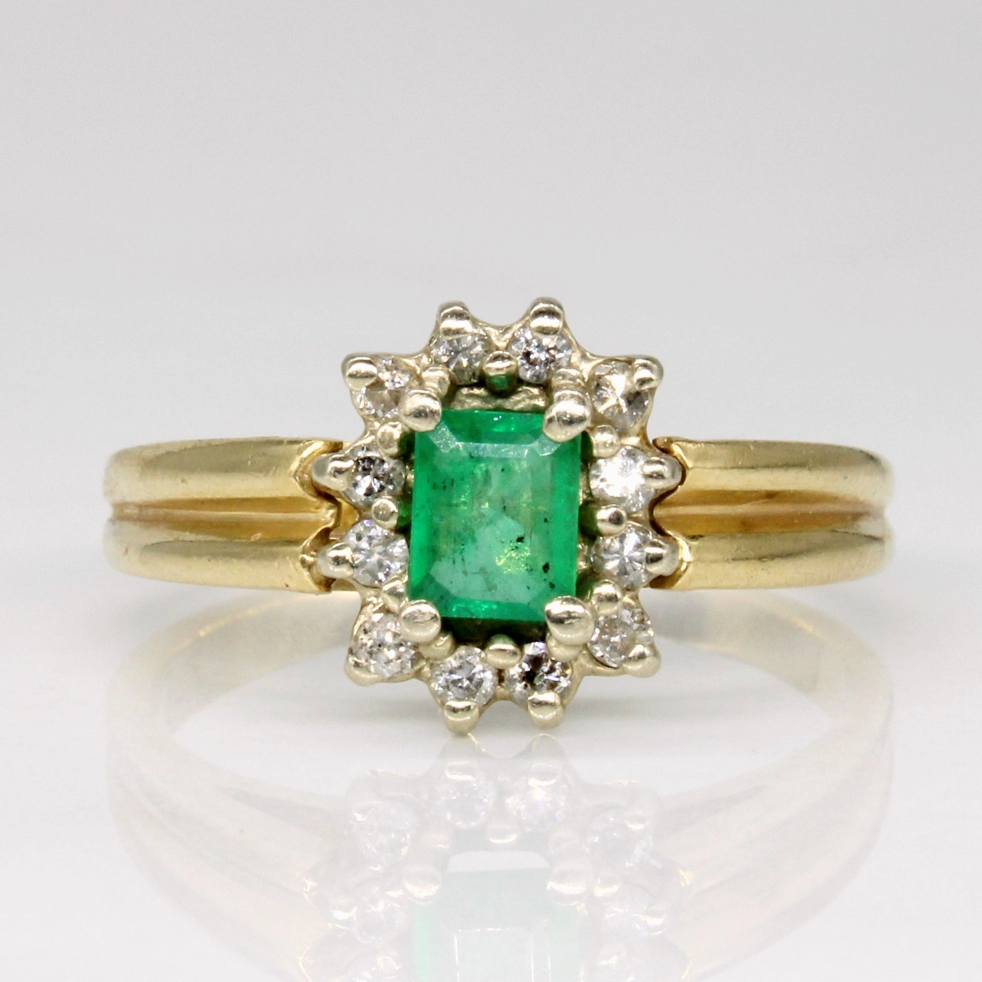 Retro Inspired Emerald & Diamond Halo Ring | 0.35ct, 0.18ctw | SZ 7.75 |