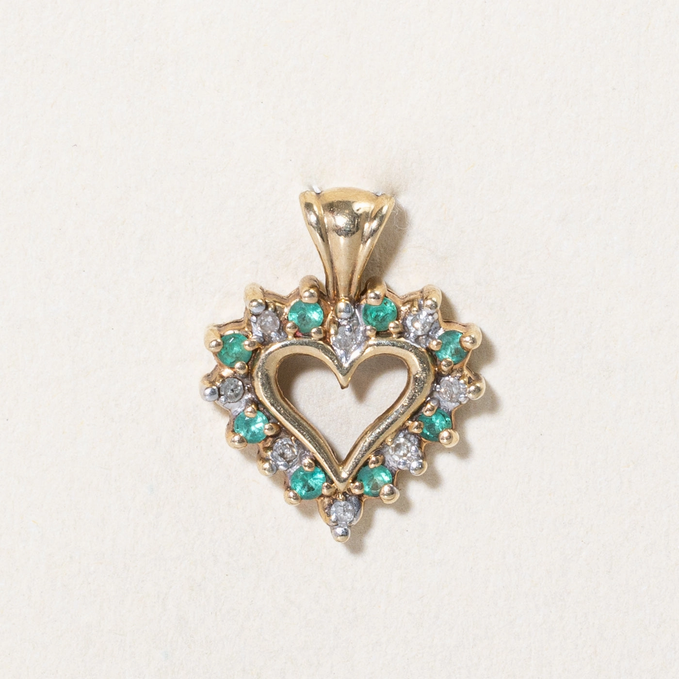 Emerald & Diamond Heart Pendant | 0.05ctw, 0.04ctw | Modern Minimal Artistic Edge