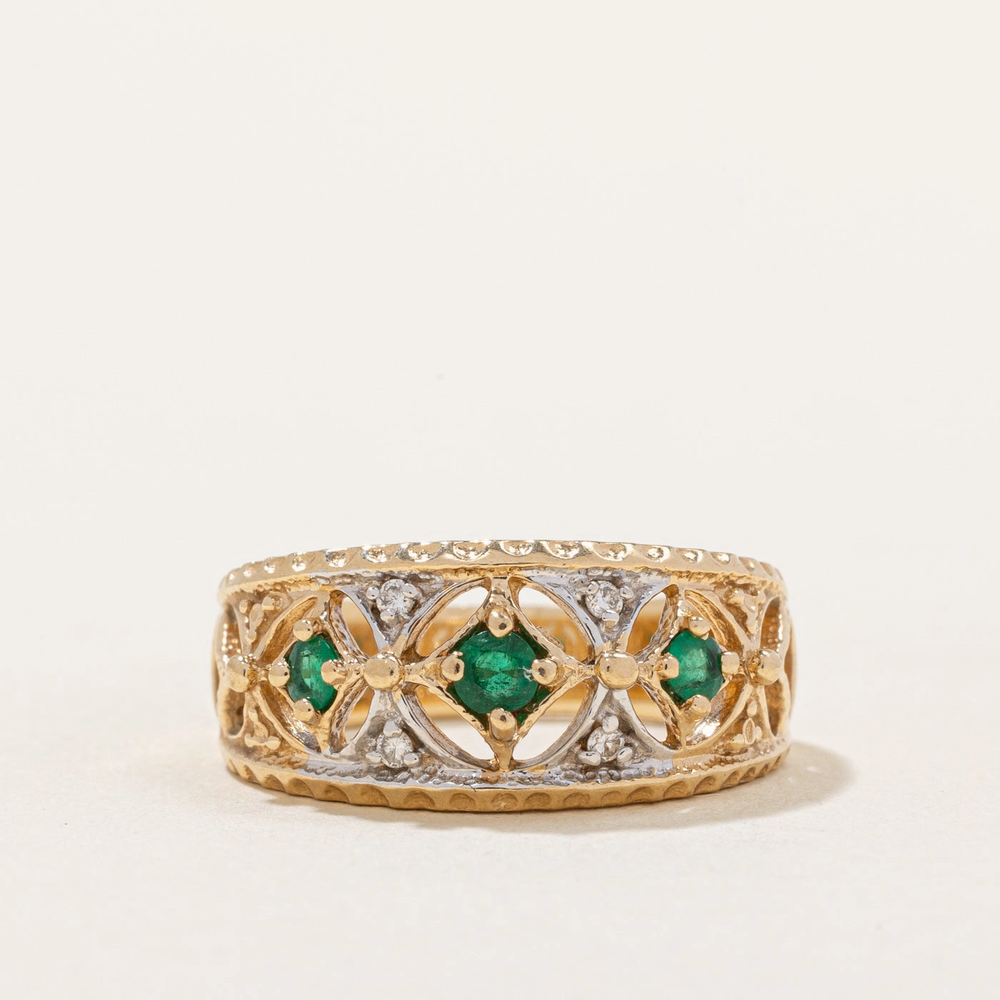 Glam Night Look Bold Style Emerald & Diamond Lattice Ring | 0.22ctw, 0.02ctw | SZ 6.5 |