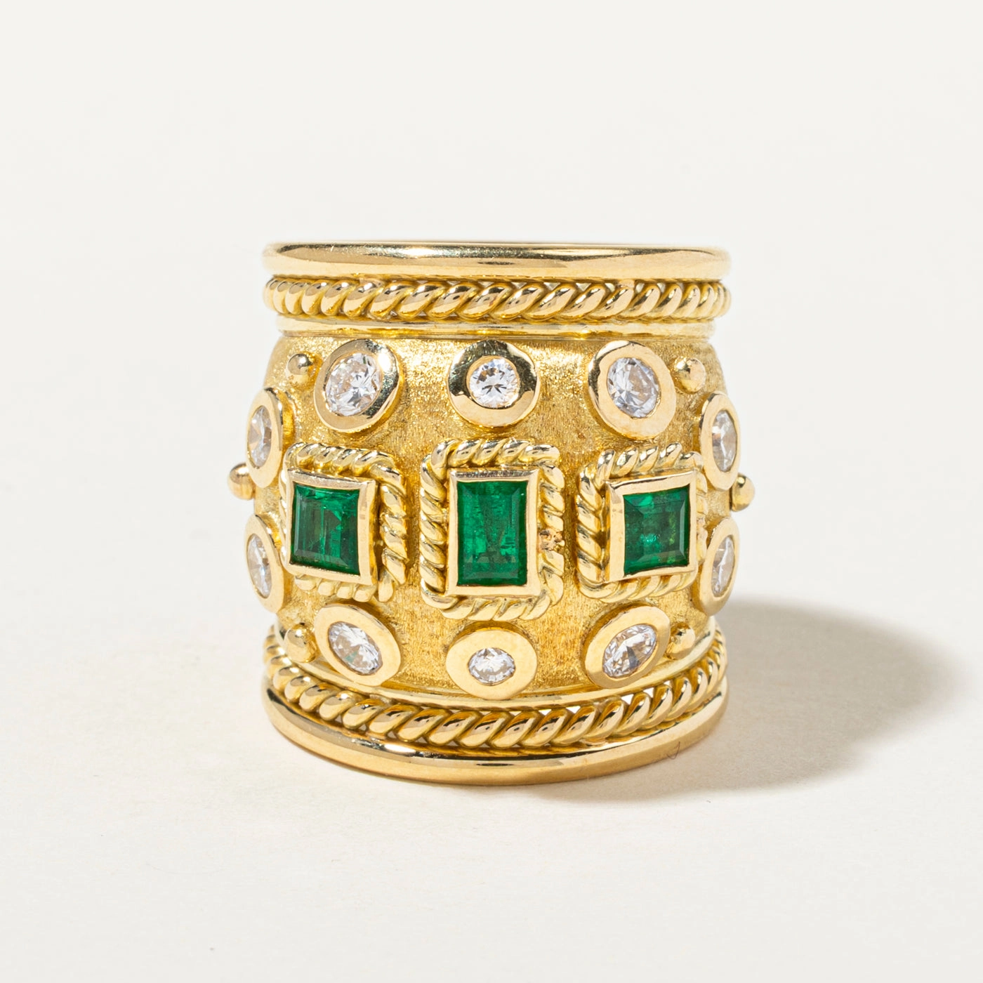 Weekend Accent Emerald & Diamond Ornate Design Large Band | 0.69ctw, 0.80ctw | SZ 6.5