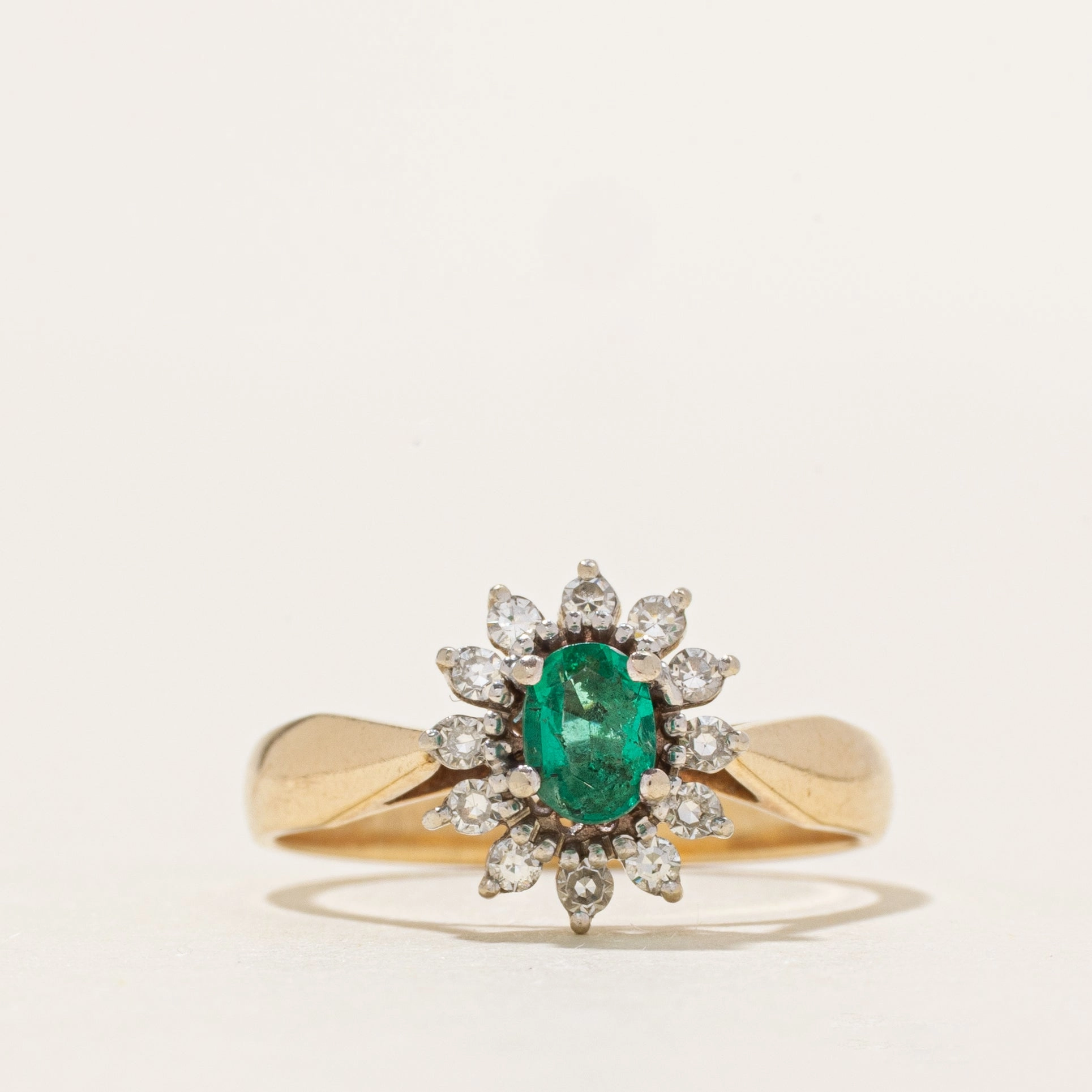Artisan Piece Emerald & Diamond Petal Halo Ring | 0.19ct, 0.12ctw | SZ 6.25